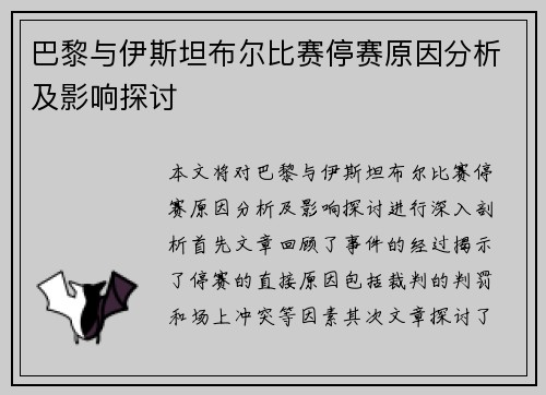 巴黎与伊斯坦布尔比赛停赛原因分析及影响探讨