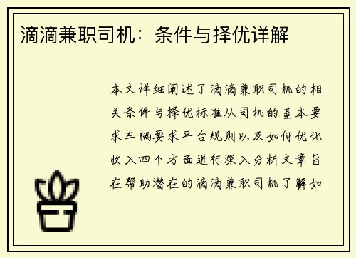滴滴兼职司机：条件与择优详解