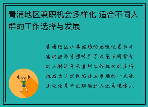 青浦地区兼职机会多样化 适合不同人群的工作选择与发展